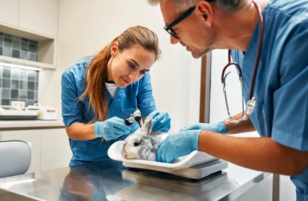 Vet Nurses in blue uniforms conduct a routine examination