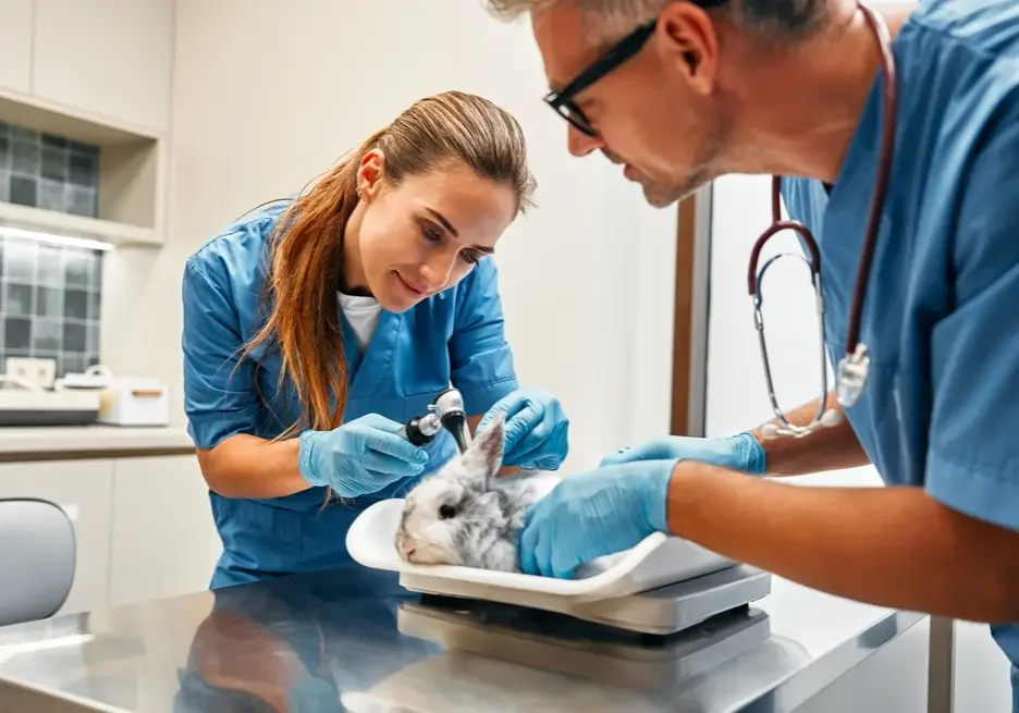 Vet Nurses in blue uniforms conduct a routine examination