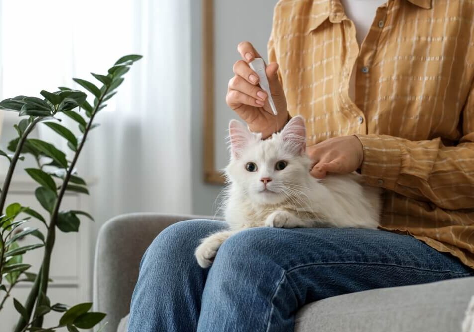 Young woman applying spot-on parasite treatment to cats neck at home